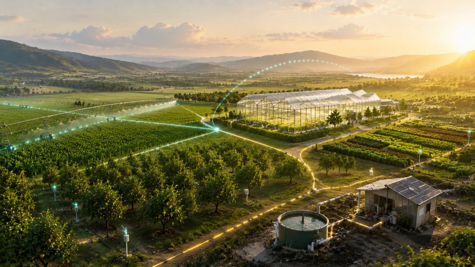 Farm deployment panorama at sunset — orchard sensors, greenhouse, center-pivot irrigation, and pump infrastructure connected across field scenarios