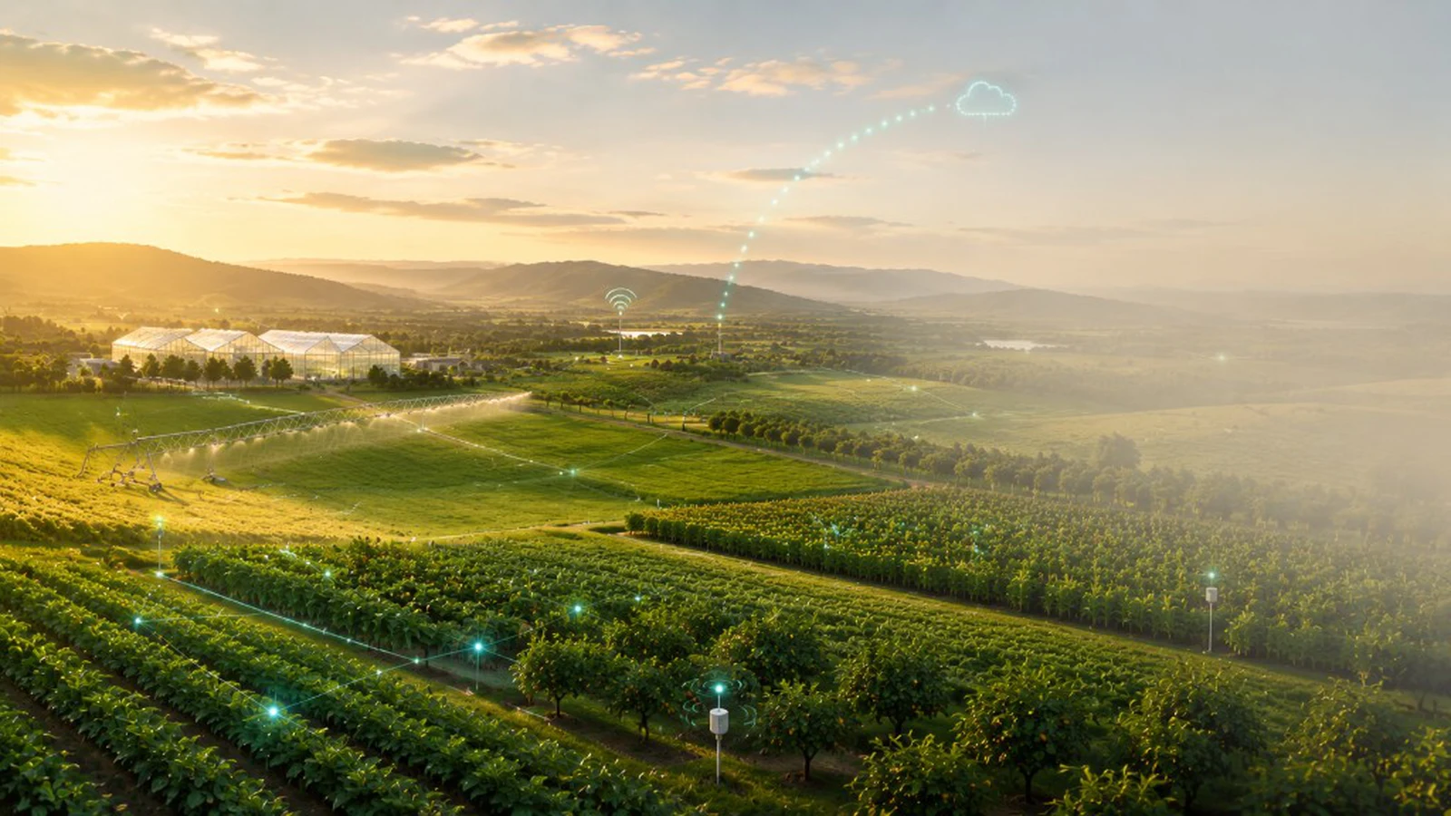 Connected smart farm at sunrise — sensor nodes, field mesh network, cloud integration across greenhouse, irrigation, and orchard zones