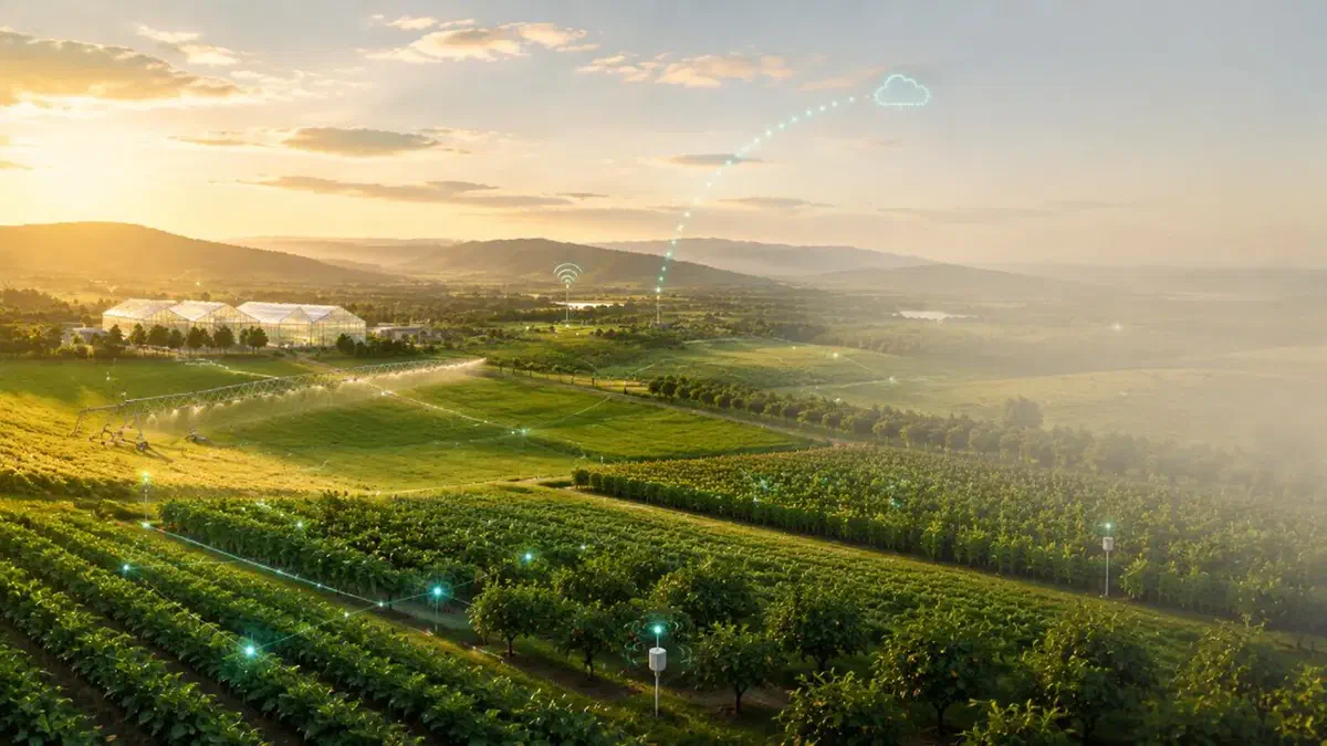 Connected smart farm at sunrise — sensor nodes, field mesh network, cloud integration across greenhouse, irrigation, and orchard zones