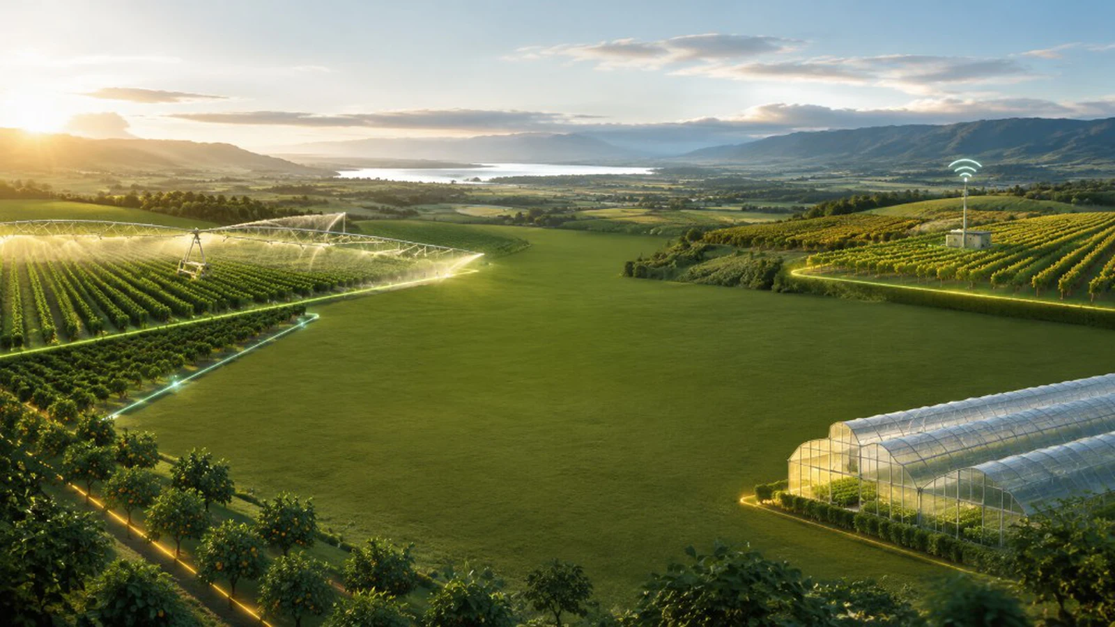 Smart farm landscape — center-pivot irrigation, orchard rows, greenhouse, vineyard, and wireless field connectivity across coordinated agricultural zones