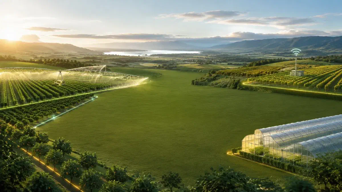 Smart farm landscape — center-pivot irrigation, orchard rows, greenhouse, vineyard, and wireless field connectivity across coordinated agricultural zones