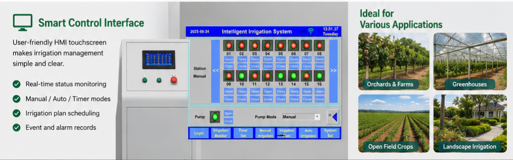 Touchscreen HMI for pump and valve irrigation control