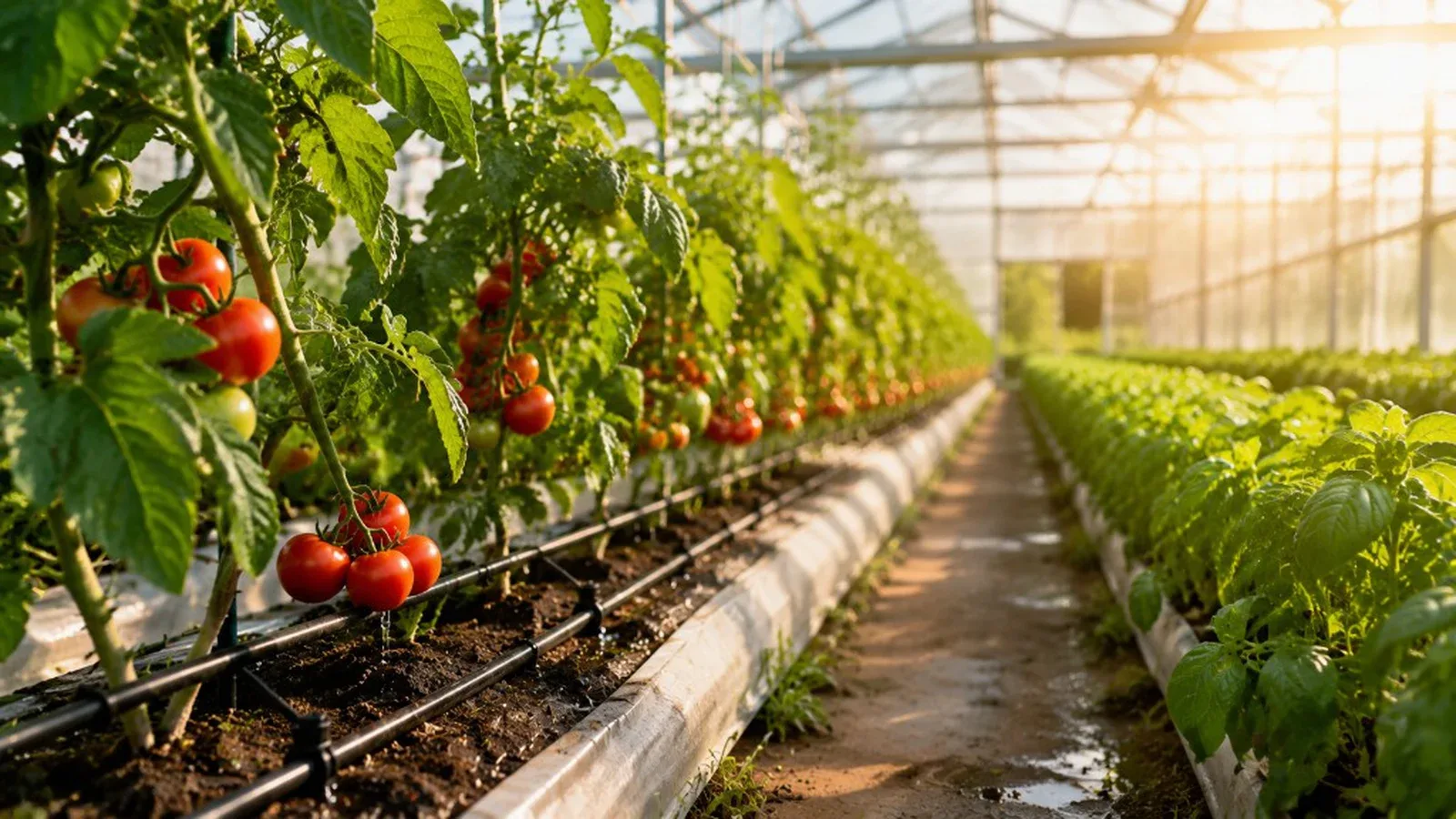 Greenhouse fertigation — drip irrigation and nutrient delivery integrated with crop zones