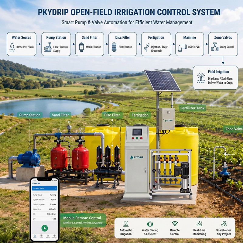 PKYDrip smart irrigation system — pump station, filters, fertigation, zone valves, control cabinet, and mobile remote control