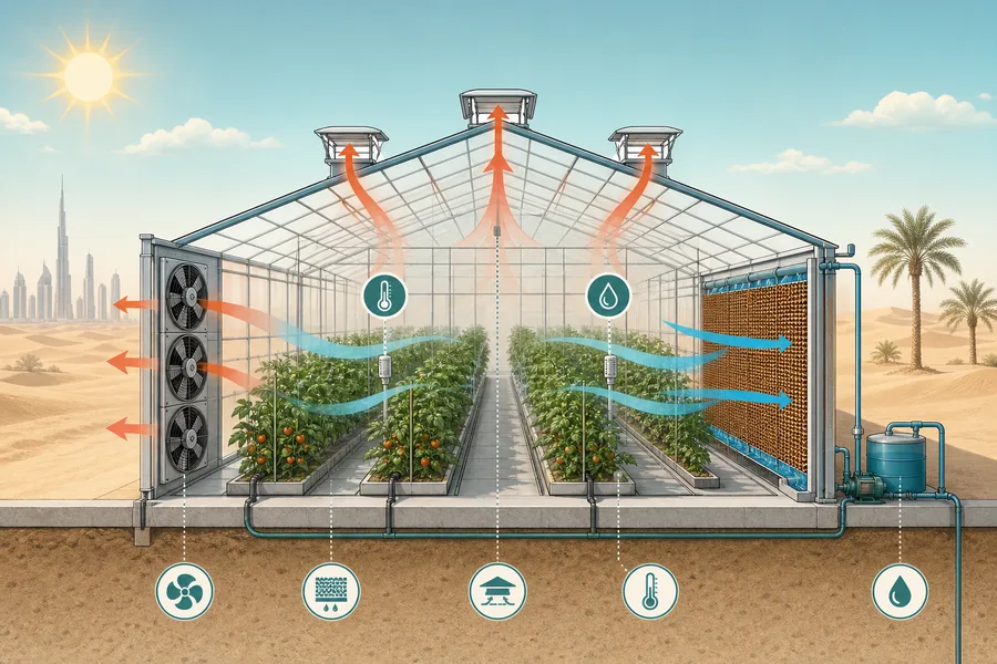 Schematic of greenhouse climate control with ventilation and cooling for UAE farms