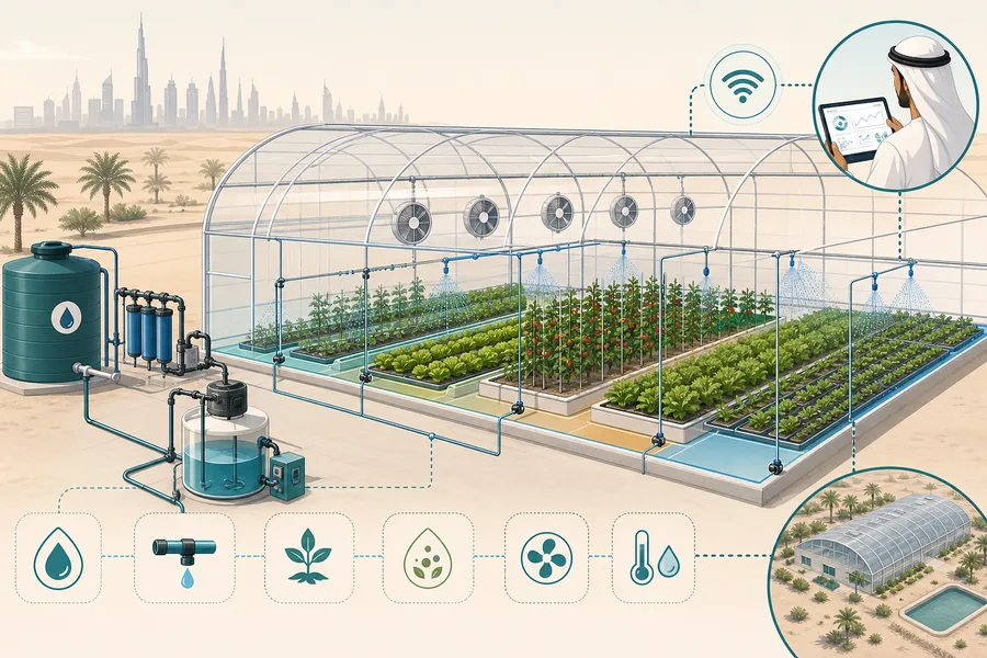 Schematic of UAE farm system design consultation for greenhouse and irrigation projects