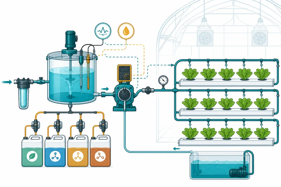 Schematic of EC pH fertigation system for UAE hydroponic and greenhouse crops