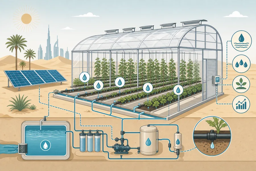 Schematic of smart greenhouse agriculture with water-efficient irrigation in UAE