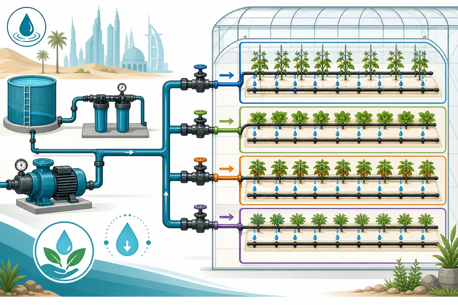 Schematic of zone-based drip irrigation for water-efficient UAE greenhouse farming