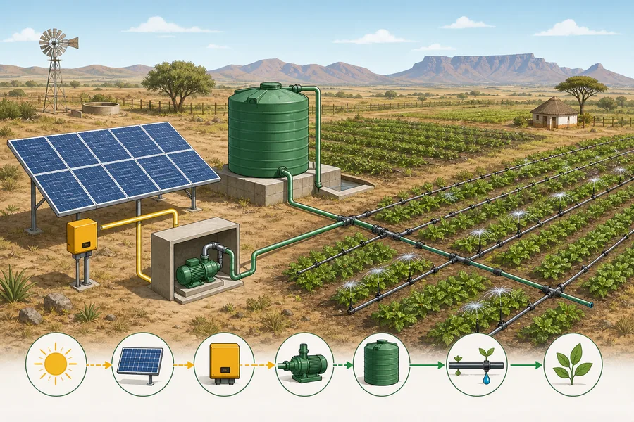 Schematic of solar irrigation system for off-grid South African farm