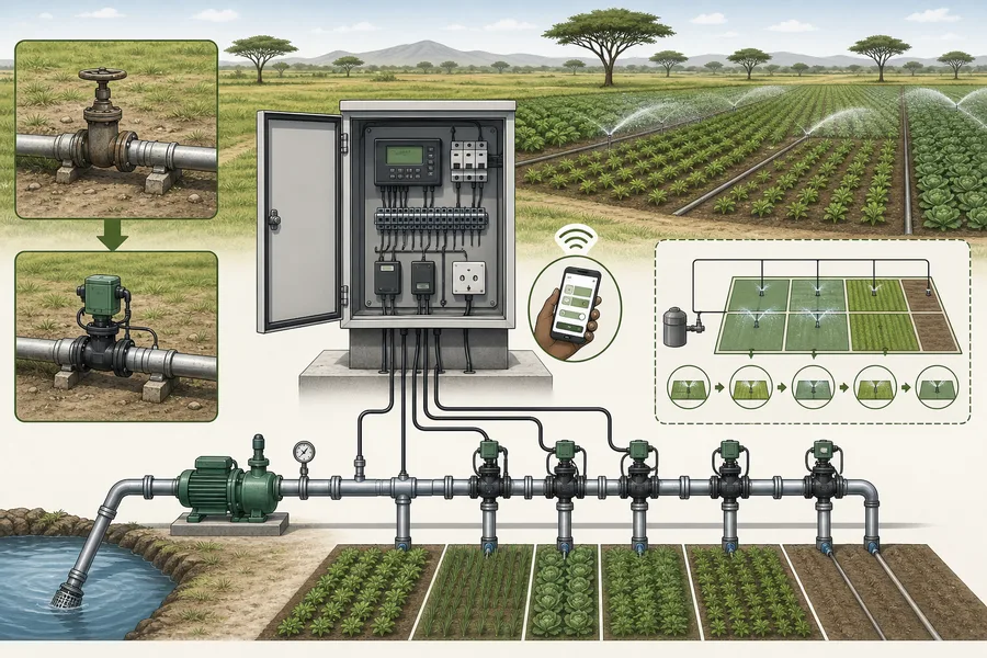 Schematic of pump and valve irrigation retrofit for South African farm
