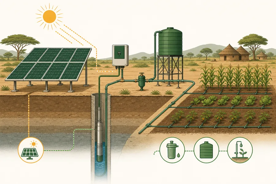 Schematic of solar pump irrigation integration for South African off-grid farm