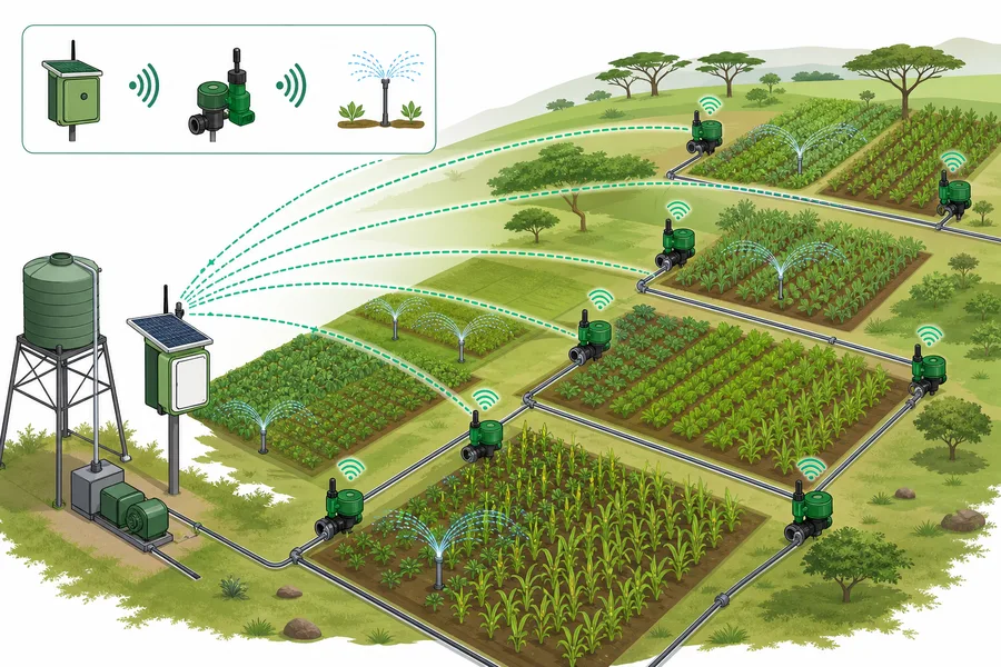 Schematic of wireless irrigation expansion across South African farm zones